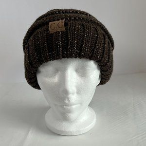C.C. Beanie Brown with Gold Shimmer Accent‎ One Size Cable Knit Stocking Hat Cap